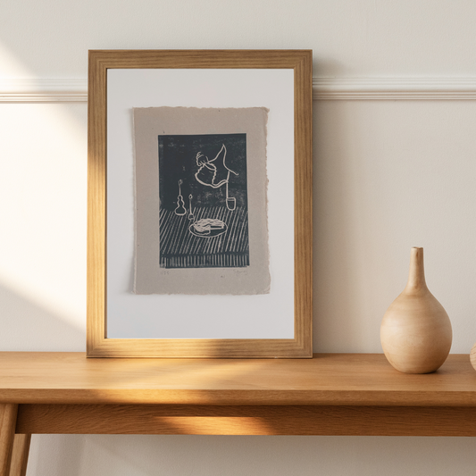 UYUM %uyum_store% A Cup of Tea - Lino Print on Handmade Recycled Cotton paper poster