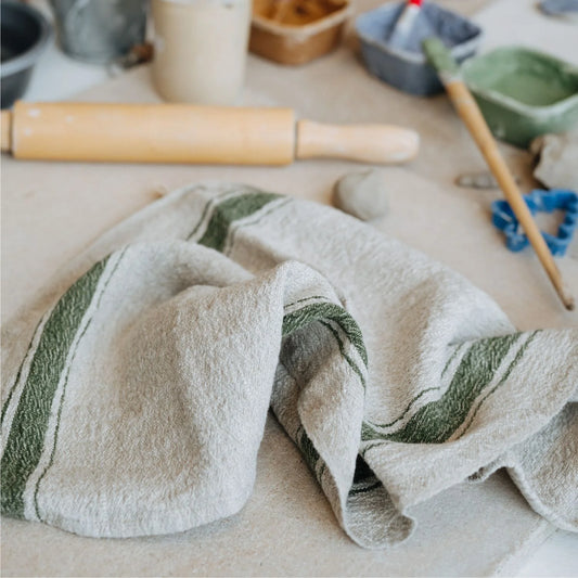 UYUM %uyum_store% Green Stripe Vintage Linen Kitchen Towel